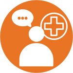 An image of a person with a comment bubble, and a health care cross