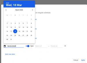 Special dates screen