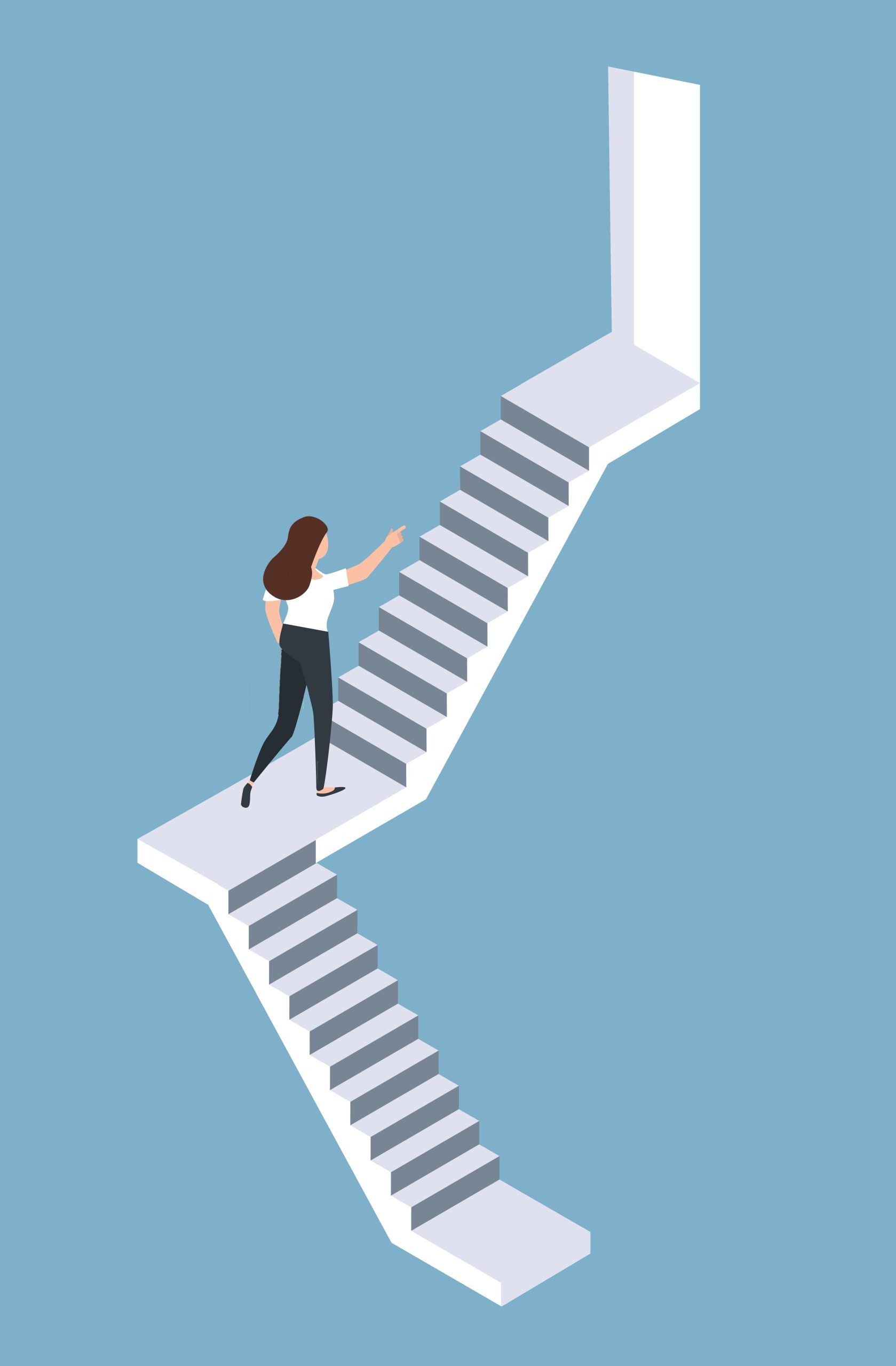 Businesswoman walking up staircase isometric concept Businesswoman walking up staircase isometric concept