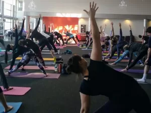 A yoga class full of students